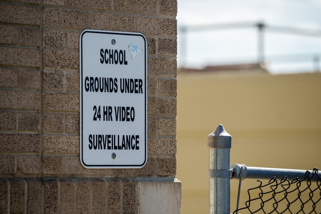 (Trent Nelson | The Salt Lake Tribune) Security cameras at East High School in Salt Lake City on Wednesday, Aug. 16, 2023. State education officials are considering a $3 million contract with AEGIX Global to administer firearm-detection software to Utah schools — a company state legislators raised concerns about last month.