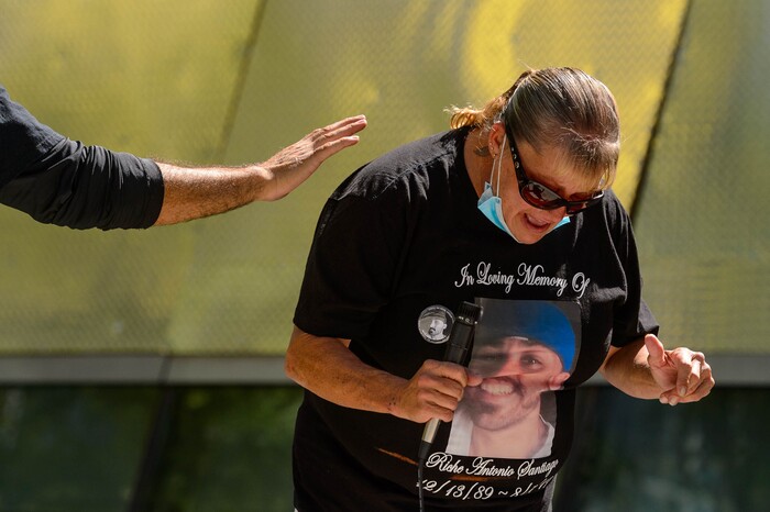 (Trent Nelson | The Salt Lake Tribune) Bobbie Santiago, mother of Riche Antonio Santiago, speaks at a rally against police brutality at the Public Safety Building in Salt Lake City on Saturday, Aug. 15, 2020.