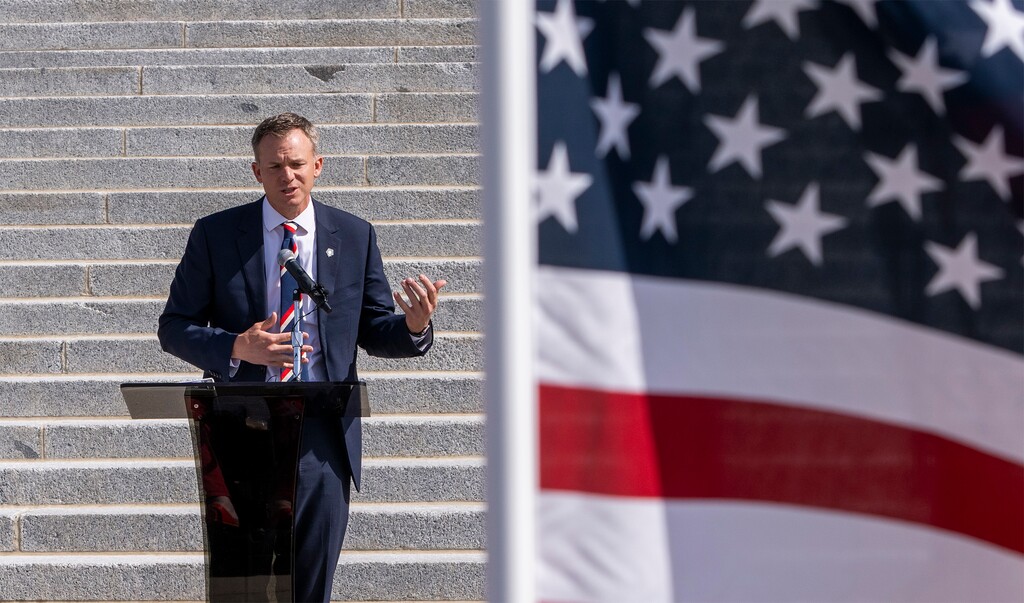 (Rick Egan | The Salt Lake Tribune) U.S. Rep. Blake Moore says a few words at the Memorial Day Ceremony on the South steps of the Utah Capitol, on Monday, May 29, 2023.