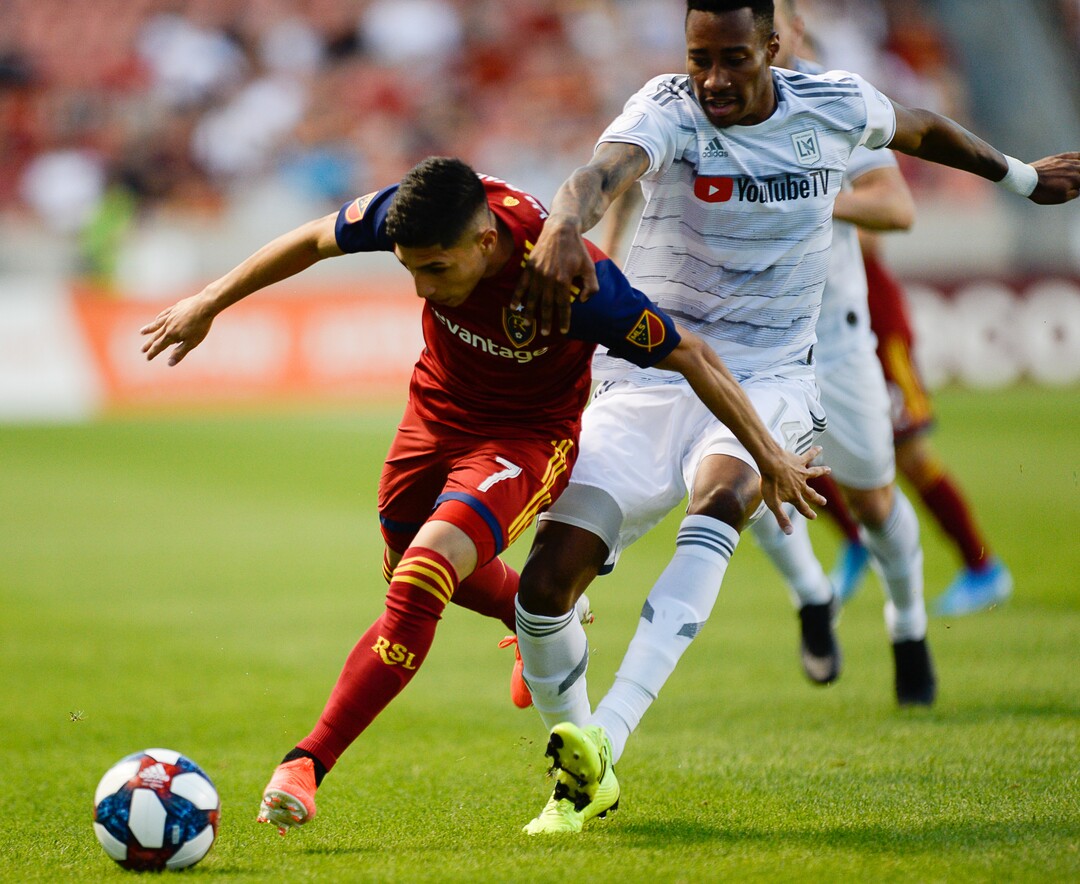 (Francisco Kjolseth  |  The Salt Lake Tribune)  Real Salt Lake forward Jefferson Savarino (7) battles Los Angeles FC midfielder Mark-Anthony Kaye (14) as Real Salt Lake hosts Los Angeles FC at Rio Tinto Stadium in Sandy on Saturday, Aug. 17, 2019.
