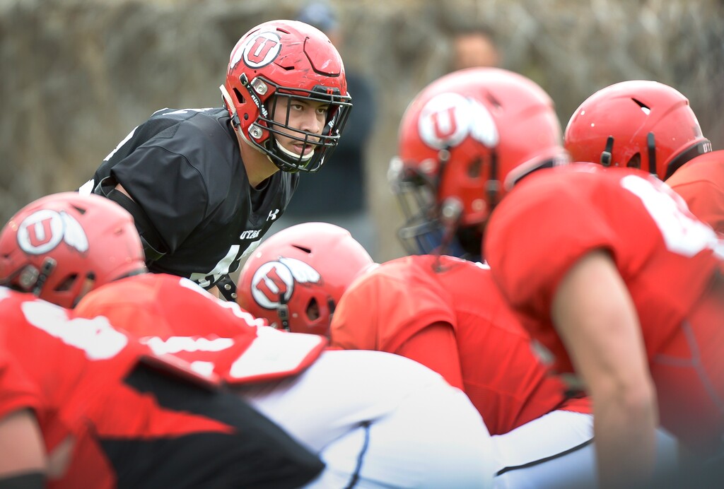 (Leah Hogsten | The Salt Lake Tribune) University of Utah freshman defensive end Mika Tafua (42) practices with the team, Tuesday, April 10, 2018. Tafua is moving to forefront as a primary pass rusher. The Hawaii native and former BYU commit returned from an LDS mission and joined the program mid-season, but did not play. Tafua has had a strong performance this spring and is one of players Coach Kyle Whittingham has identified as a standout.