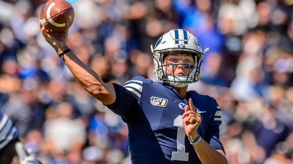(Trent Nelson  |  The Salt Lake Tribune)  Brigham Young Cougars quarterback Zach Wilson (1) as BYU hosts USC, NCAA football in Provo on Saturday Sept. 14, 2019.