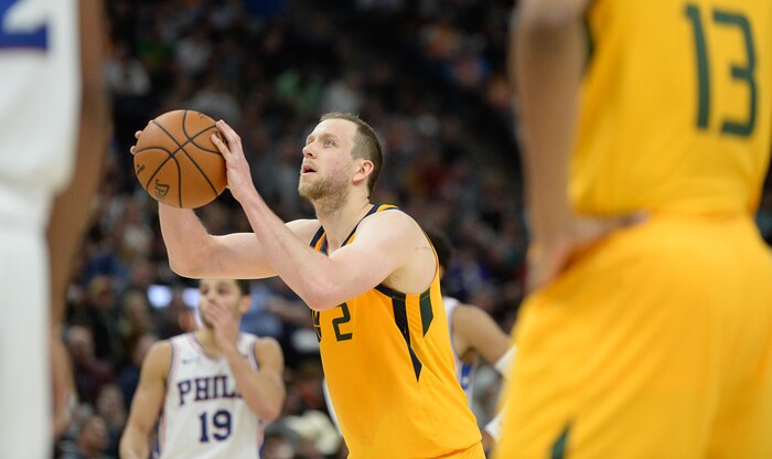 (Francisco Kjolseth  |  The Salt Lake Tribune)  Utah Jazz forward Joe Ingles (2) steps up to the free throw line as the Utah Jazz host the Philadelphia 76ers in their NBA basketball game at Vivint Smart Home Arena in Salt Lake City on Wednesday, Nov. 6, 2019.