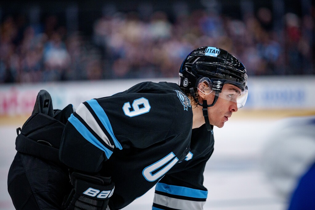 (Trent Nelson  |  The Salt Lake Tribune) Utah Hockey Club center Clayton Keller (9) as Utah Hockey Club hosts the Tampa Bay Lightning, NHL hockey at the Delta Center in Salt Lake City on Saturday, March 22, 2025.