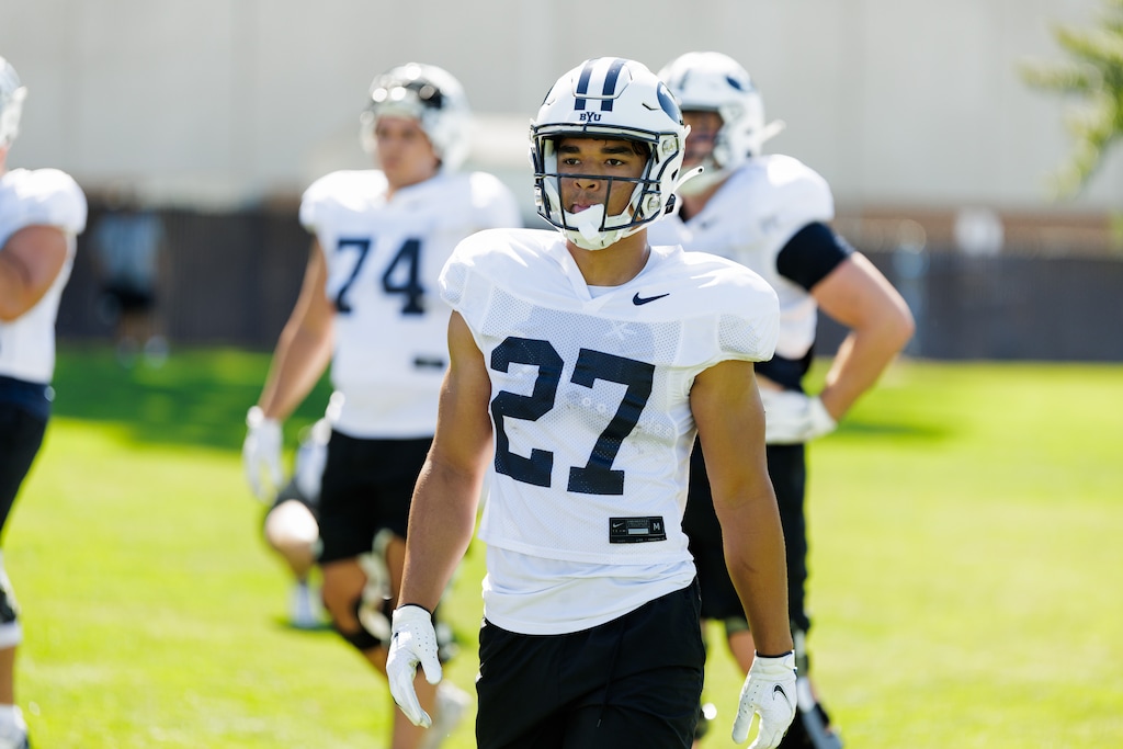 (Jaren Wilkey | BYU) BYU freshman running back LJ Martin participates in fall camp on Aug. 04, 2023.