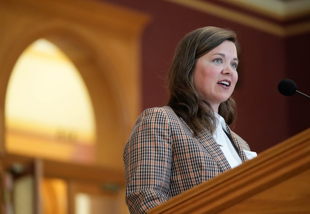 (Francisco Kjolseth | The Salt Lake Tribune) Sarah Young, chief of staff at the Utah State Board of Education, addresses the Salt Lake City Council at City Hall on Thursday, July 13, 2023. The council appointed Young to fill the District 7 seat vacated this month by Amy Fowler.