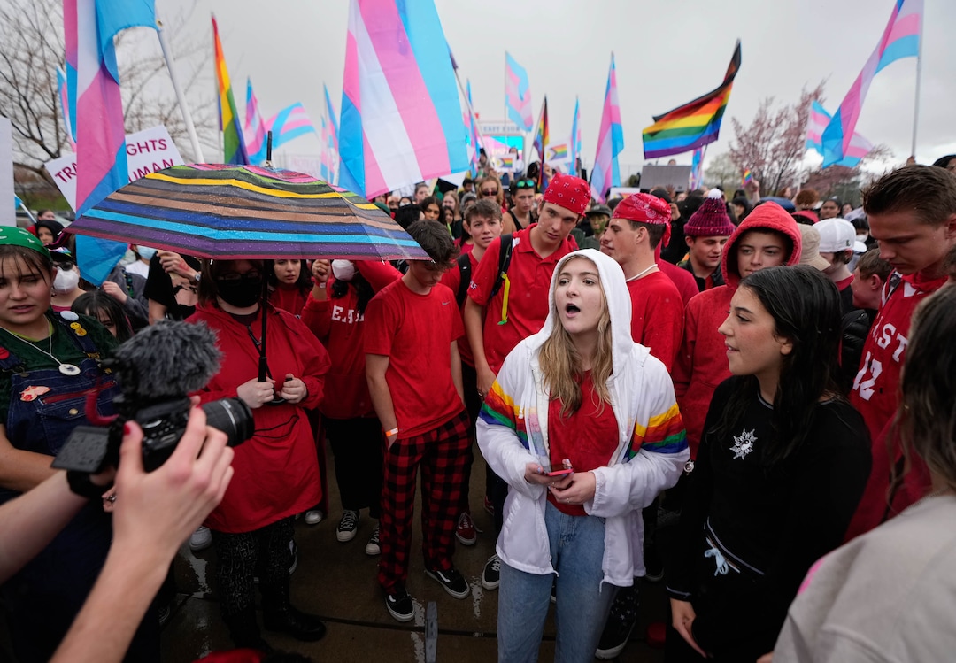 (Francisco Kjolseth | The Salt Lake Tribune) Daffodil Buchert, 17, speaks up alongside fellow students from East High school during their organized walkout on Friday, April 15, 2022, to protest HB11, which bans transgender girls from participating in female school sports. In the same spirit of the West High walkout last week, students took a stand to speak out against the bill which they found discriminatory and hurtful to transgender youth in the state.