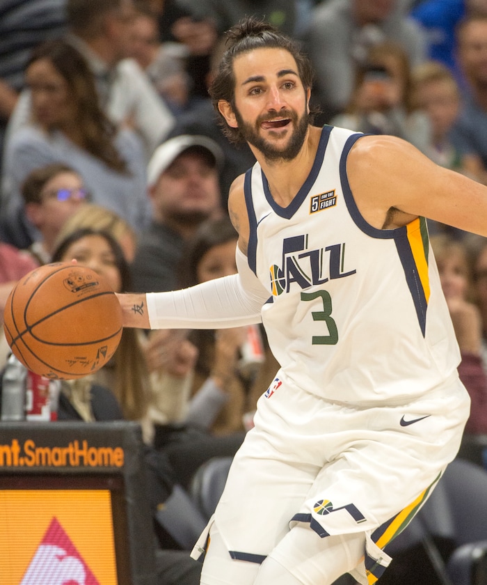 (Rick Egan  |  The Salt Lake Tribune)  Utah guard Ricky Rubio (3) runs the offense for the Jazz, in preseason basketball Utah Jazz vs.Sydney Kings, in Salt Lake City, Sunday, October 2, 2017.


