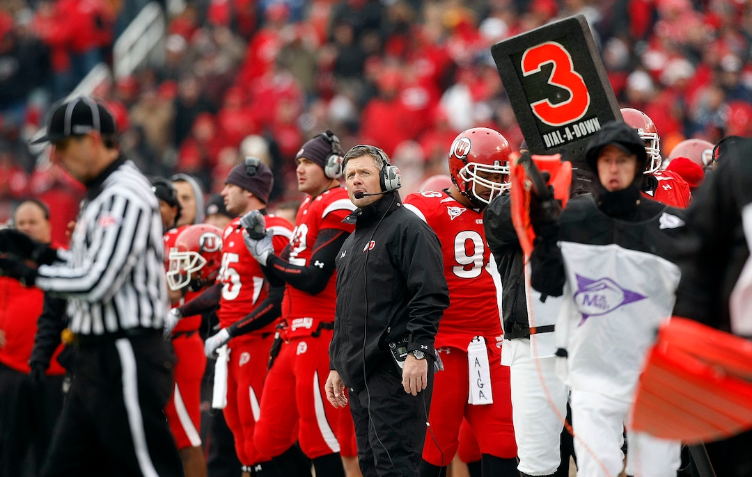 (Chris Detrick  |  Tribune file photo)  Utah Head Coach Kyle Whittingham watches as his team moves down the field as the Utes face BYU in the third quarter at Rice-Eccles Stadium Saturday, November 27, 2010.