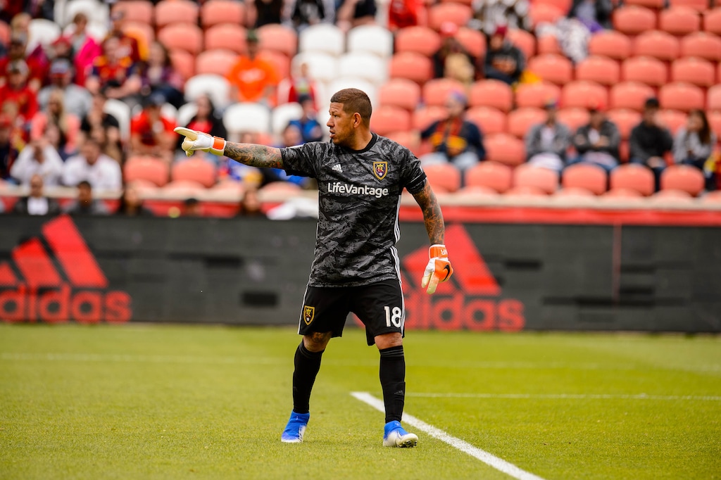 (Trent Nelson  |  The Salt Lake Tribune)  Real Salt Lake goalkeeper Nick Rimando (18) as Real Salt Lake hosts Toronto FC, MLS Soccer at Rio Tinto Stadium in Sandy on Saturday May 18, 2019.