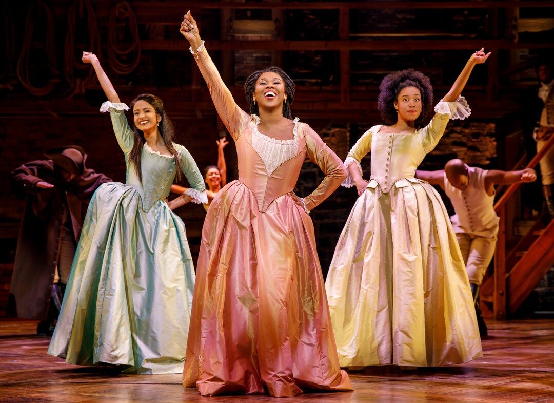(Courtesy photograph by Joan Marcus) Ta'Rea Campbell as Angelica Schuyler, Shoba Narayan as Eliza Hamilton and Danielle Sostre as Peggy Schuyler/Maria Reynolds.