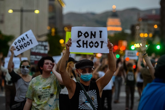 (Trent Nelson  |  The Salt Lake Tribune) Protesters march through Salt Lake City on Monday, June 1, 2020.