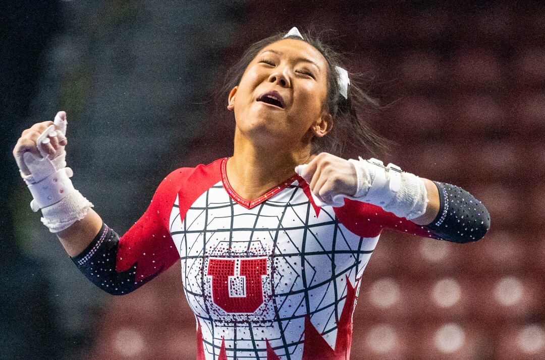 (Rick Egan | The Salt Lake Tribune) Cristal Isa reacts after competing on the uneven bars, for Utah, in the PAC-12 Championships at the Maverik Center, onSaturday, March 20, 2021.
