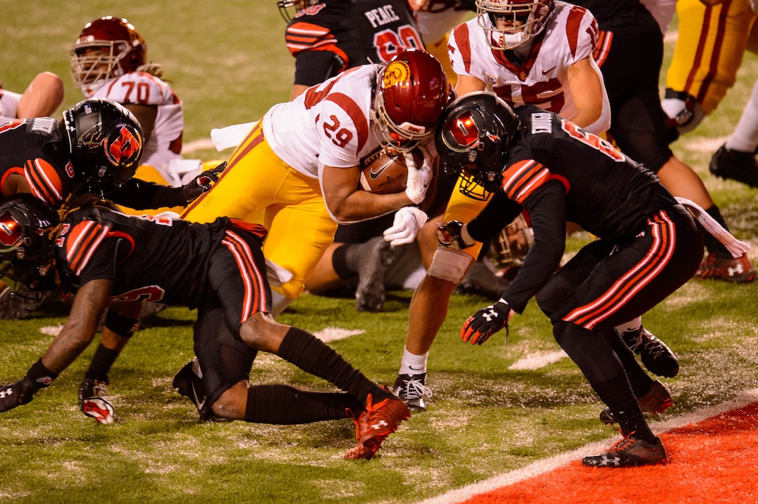 (Trent Nelson  |  The Salt Lake Tribune) USC Trojans running back Vavae Malepeai (29) runs for a touchdown as the Utah Utes host the USC Trojans, NCAA football at Rice-Eccles Stadium in Salt Lake City on Saturday, Nov. 21, 2020.