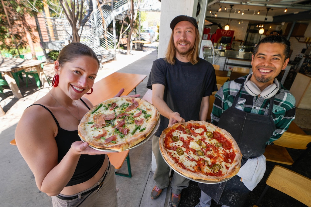 (Francisco Kjolseth | The Salt Lake Tribune) Eleanor Jolley, Chase Johnson and Ricardo Diaz, from left, show off some favorites at Pizza Nono in the 9th and 9th neighborhood on Tuesday, April 7, 2026.