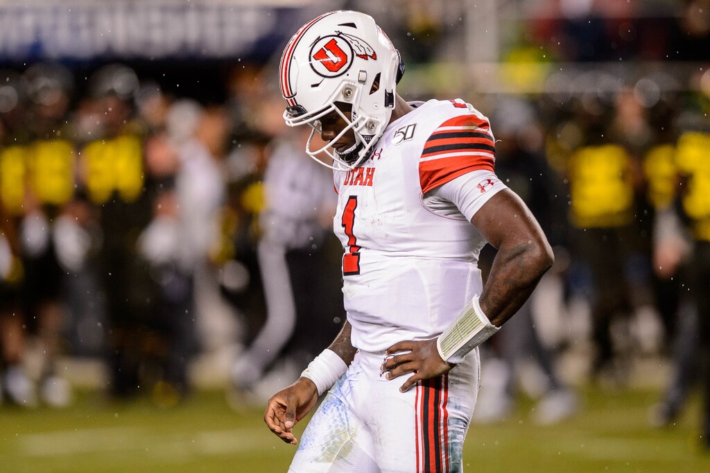 (Trent Nelson  |  The Salt Lake Tribune) Utah quarterback Tyler Huntley (1) walks off the field after throwing an interception in the fourth quarter of a 37-15 loss to Oregon in the Pac-12 championship game Dec. 6 at Santa Clara, Calif.