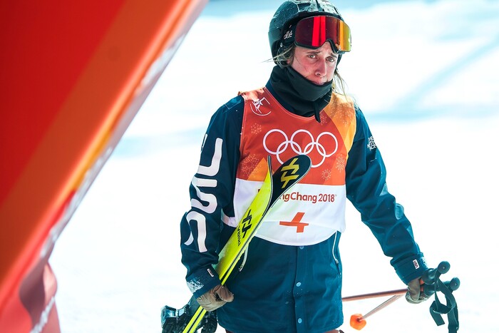 (Chris Detrick  |  The Salt Lake Tribune)  Maddie Bowman of the United States reacts after crashing on her final run in the Ladies' Ski Halfpipe Final Run at Phoenix Park during the Pyeongchang 2018 Winter Olympics Tuesday, Feb. 20, 2018. Bowman, the gold medal winner in the 2014 Sochi Olympics, finished in 11th place with a score of 25.80.  