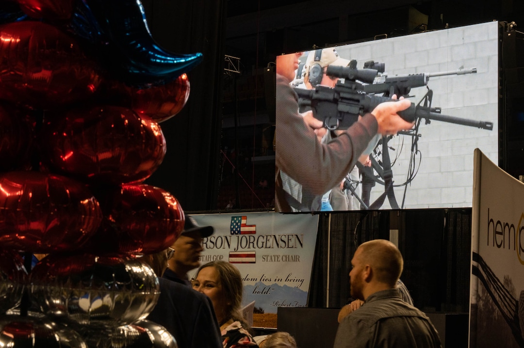 (Francisco Kjolseth | The Salt Lake Tribune) Front Site firearms training institute holds a booth during the Utah Republican Party’s 2021 Organizing Convention at the Maverik Center in West Valley City on Saturday, May 1, 2021, as they return to an in-person format after the pandemic forced the nominating convention to go online last year.