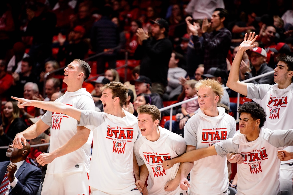 (Trent Nelson  |  The Salt Lake Tribune) Utah players on the bench celebrate a double digit lead in the final minutes as the University of Utah hosts Oregon State, NCAA men's basketball in Salt Lake City on Thursday, Jan. 2, 2020.