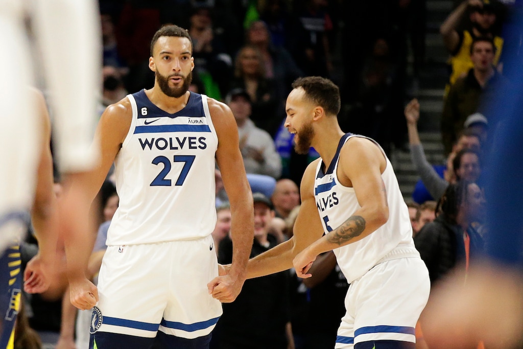 (Andy Clayton-King | AP) Minnesota Timberwolves center Rudy Gobert (27) is congratulated by teammate Kyle Anderson (5) in the fourth quarter of an NBA basketball game against the Indiana Pacers Wednesday, Dec. 7, 2022, in Minneapolis.