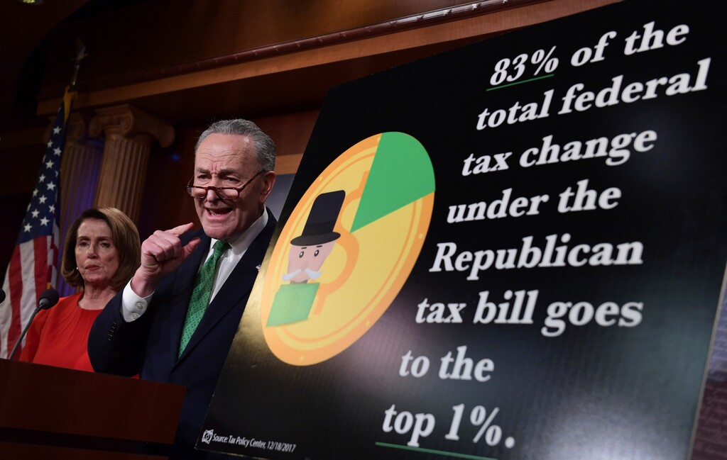 Senate Minority Leader Sen. Chuck Schumer of N.Y., right, standing with House Minority Leader Nancy Pelosi of Calif., speaks at a news conference on Capitol Hill in Washington, Wednesday, Dec. 20, 2017, on the passage of legislation that overhauls U.S. tax law. The massive $1.5 trillion tax package affects everyone's taxes but is dominated by breaks for business and higher earners. Democrats call the legislation a boon to the rich that leaves middle-class and working Americans behind. (AP Photo/Susan Walsh)