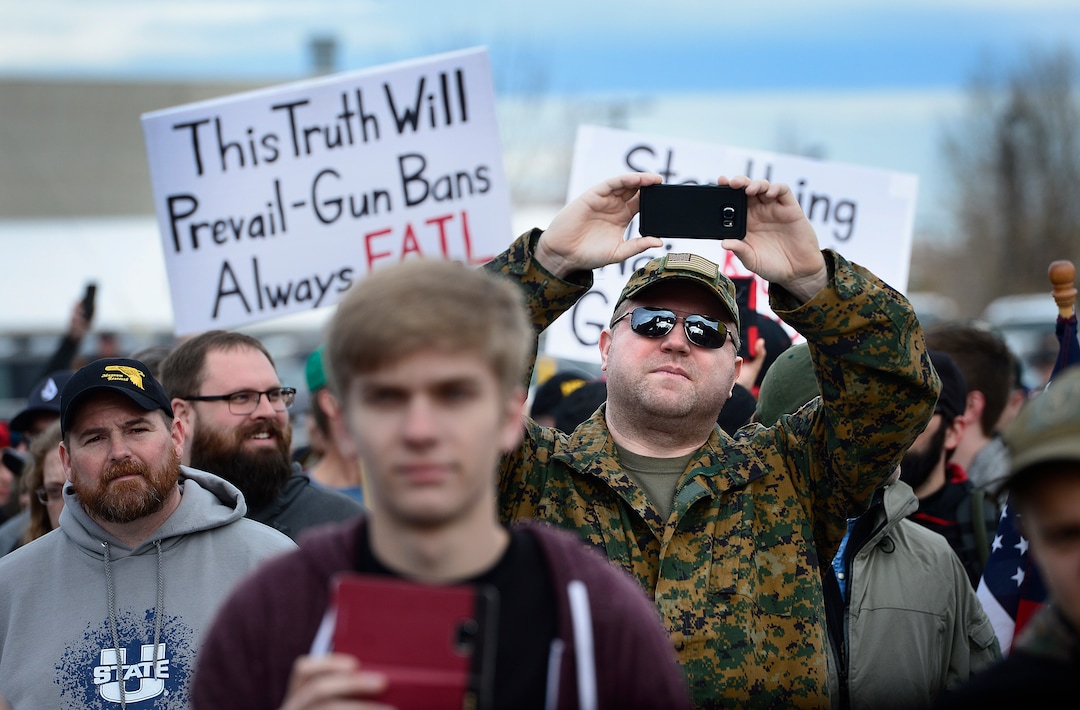 Scott Sommerdorf | The Salt Lake Tribune
Pro-gun March Before Our lives marchers rally across the street from West High School, Saturday, March 24, 2018.