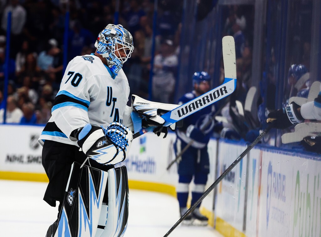 (Dirk Shadd | Tampa Bay Times) Utah Hockey Club goaltender Karel Vejmelka (70) is pulled from the game in favor of goaltender Jaxson Stauber (33) against the Tampa Bay Lightning during second period action at Amalie Arena on Thursday, March 27, 2025 in Tampa, Fla.