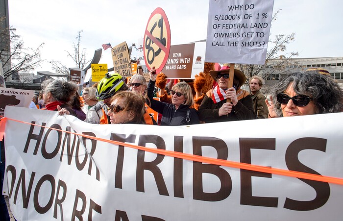 (Steve Griffin  |  The Salt Lake Tribune) Proponents of Bears Ears and Grand Staircase-Escalante national monuments rally outside the Salt Palace Convention Center in Salt Lake City on Friday, Feb. 9, 2018. SUWA organized the rally outside the Salt Palace Convention Center where U.S. Secretary of the Interior Ryan Zinke was scheduled to speak during the Western Hunting and Conservation Expo.
