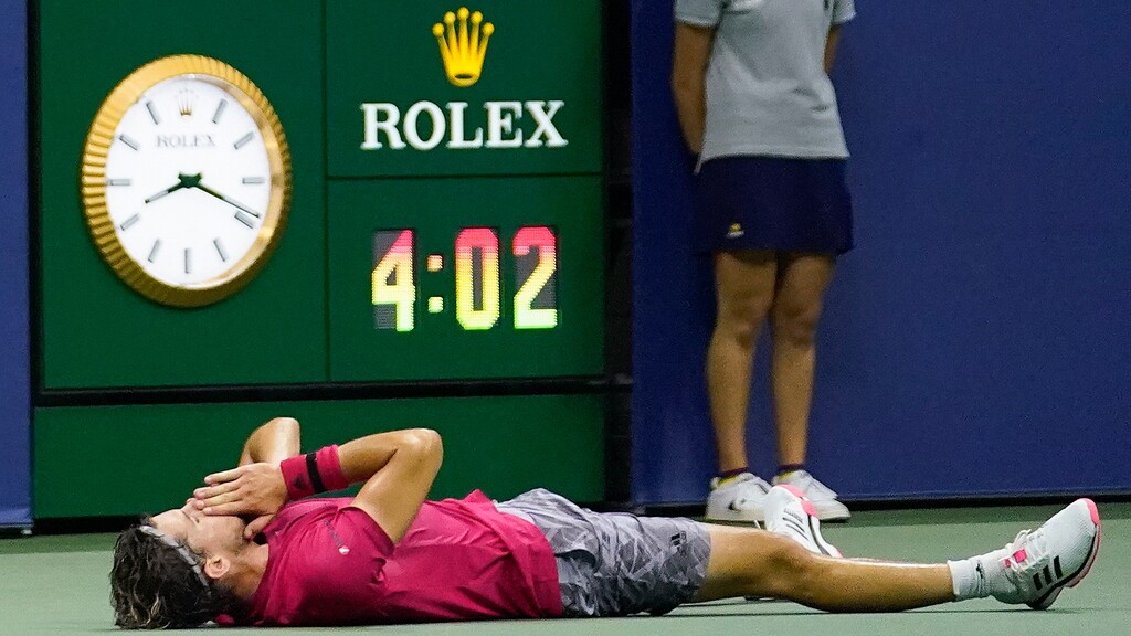 Dominic Thiem, of Austria, reacts after defeating Alexander Zverev, of Germany, in the men's singles final of the US Open tennis championships, Sunday, Sept. 13, 2020, in New York. (AP Photo/Frank Franklin II)