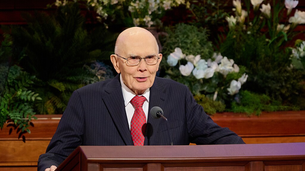 (The Church of Jesus Christ of Latter-day Saints) President Dallin H. Oaks speaks during the morning session of General Conference at the Conference Center in Salt Lake City, Sunday, April 5, 2026.