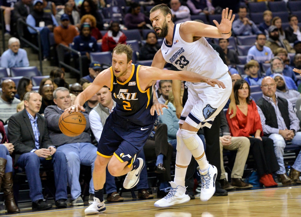 Utah Jazz forward Joe Ingles (2) controls the ball against Memphis Grizzlies center Marc Gasol (33) in the first half of an NBA basketball game Monday, Nov. 12, 2018, in Memphis, Tenn. (AP Photo/Brandon Dill)