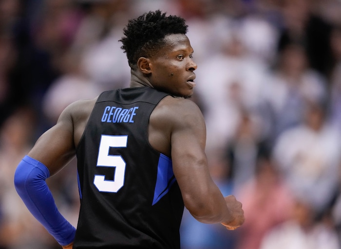 (Francisco Kjolseth | The Salt Lake Tribune) Brigham Young Cougars forward Gideon George (5) competes against the Westminster Griffins at the Marriott Center in Provo, Wednesday, Dec. 29, 2021.