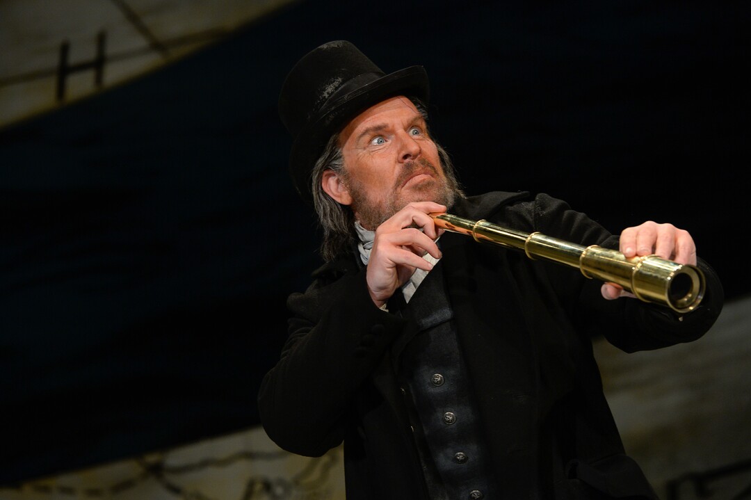 (Francisco Kjolseth  |  The Salt Lake Tribune)  Roger Honeywell as Captain Ahab joins other cast members onstage for Utah Opera's "Moby-Dick" at the Capitol Theatre. The upcoming 21st-century opera by Jake Heggie is based on the classic novel by Herman Melville. This is the first big revival of it, with brand-new sets and costumes built in the Utah Opera shop.