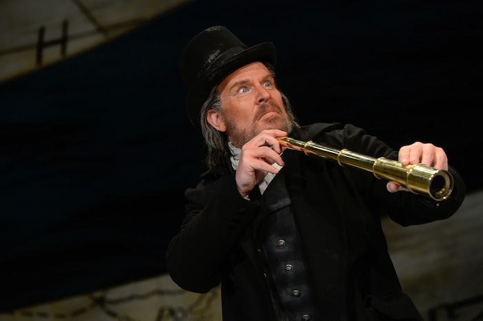 (Francisco Kjolseth  |  The Salt Lake Tribune)  Roger Honeywell as Captain Ahab joins other cast members onstage for Utah Opera's "Moby-Dick" at the Capitol Theatre. The upcoming 21st-century opera by Jake Heggie is based on the classic novel by Herman Melville. This is the first big revival of it, with brand-new sets and costumes built in the Utah Opera shop.