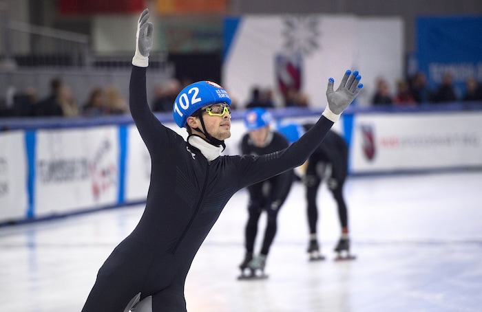 (Scott Sommerdorf   |  The Salt Lake Tribune)   
John-Henry Krueger celebrates after winning the Men's 32 1000 meter final during day 3 of the U.S. short-track Olympic Team Trials at the Utah Olympic Oval, Sunday, December 17, 2017.  
