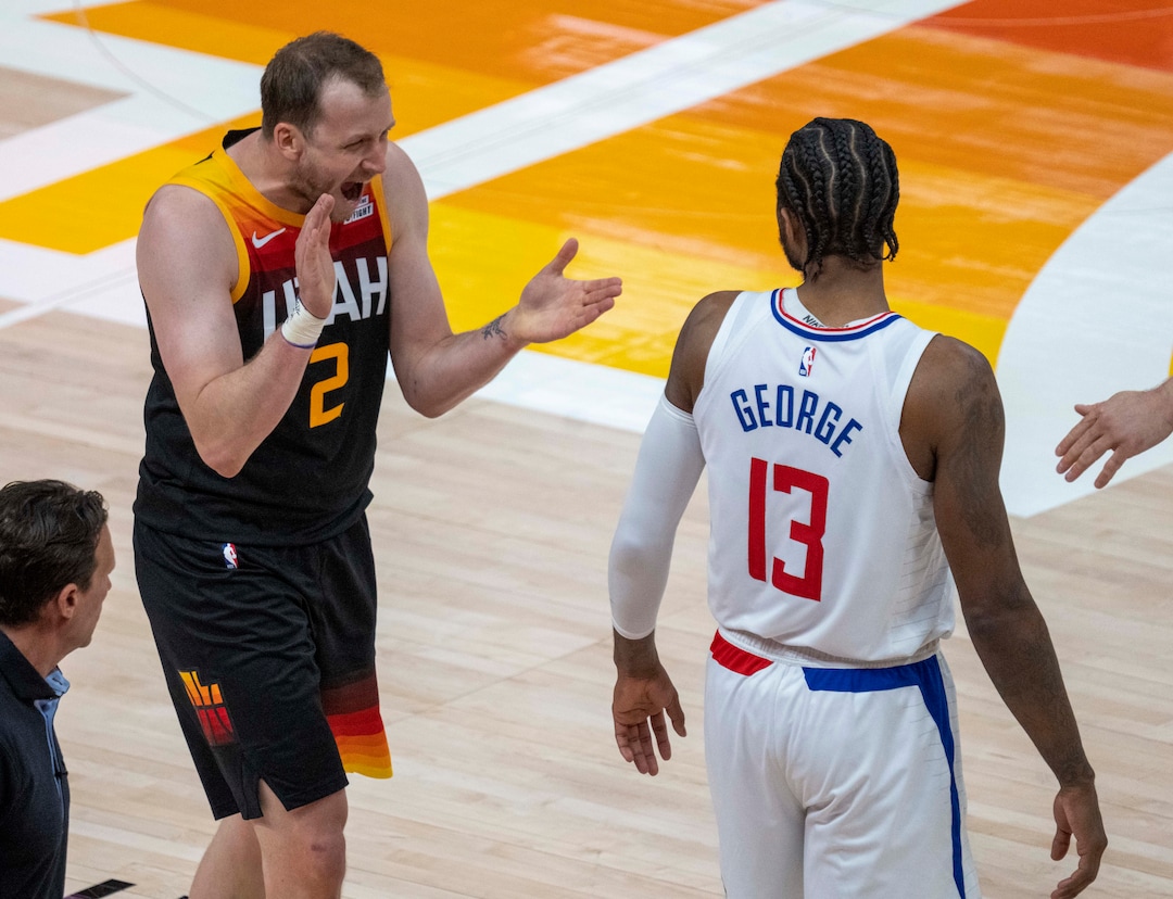 (Rick Egan | The Salt Lake Tribune) Utah Jazz guard Joe Ingles (2) reacts as the Utah Jazz extend their lead at the end of the second half, in second round playoff action in game 2 between the Utah Jazz and the LA Clippers, at Vivint Arena, on Thursday, June 10, 2021.