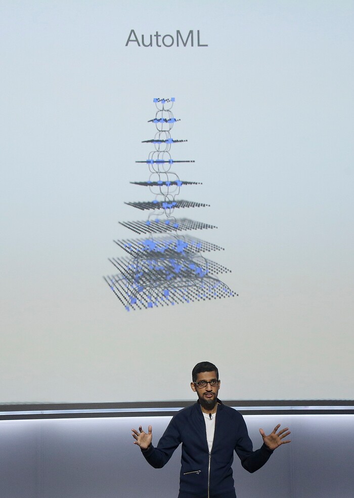 Google CEO Sundar Pichai speaks at a Google event at the SFJAZZ Center in San Francisco, Wednesday, Oct. 4, 2017. (AP Photo/Jeff Chiu)