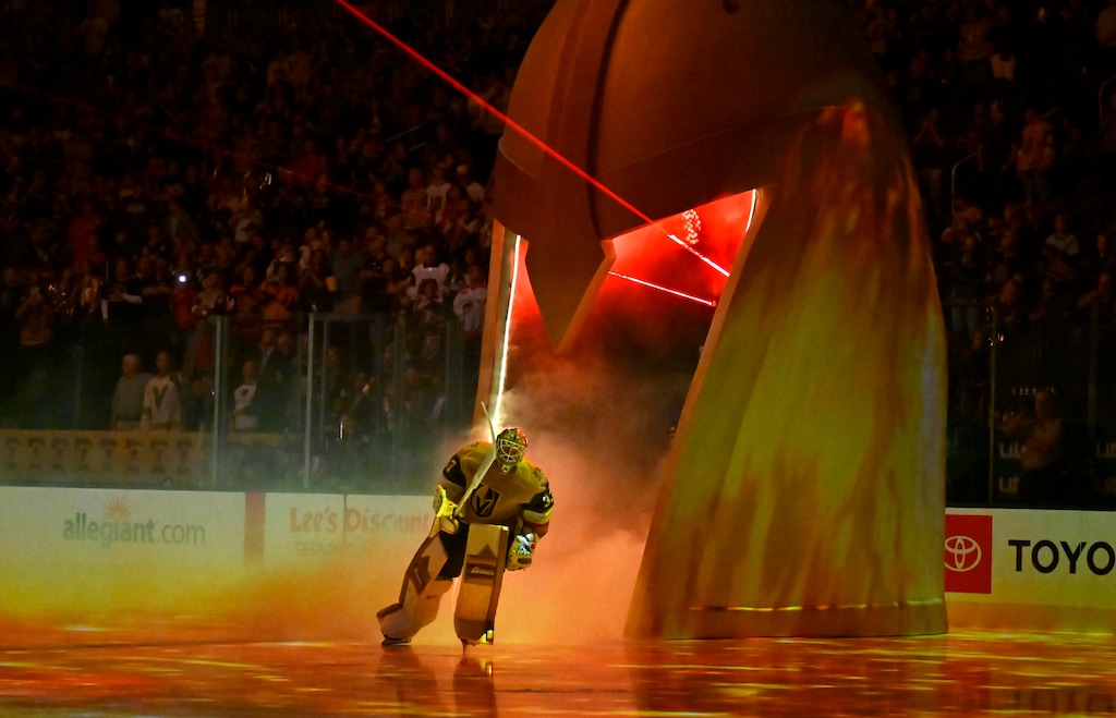 Vegas Golden Knights goaltender Adin Hill skates before an NHL hockey game against the St. Louis Blues, Friday, Oct. 11, 2024, in Las Vegas. (AP Photo/David Becker)