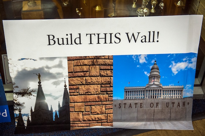 Chris Detrick  |  The Salt Lake Tribune
Signs that are too big to be brought into the auditorium are left in the lobby before the town-hall meeting with U.S. Rep. Jason Chaffetz, R-Utah, in Brighton High School Thursday February 9, 2017. 