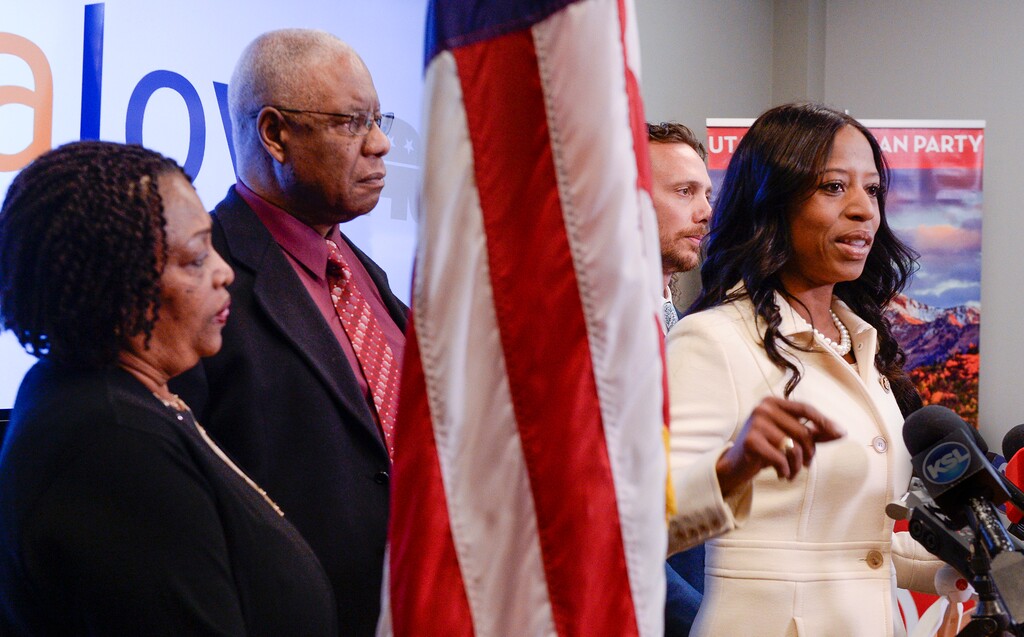(Leah Hogsten | The Salt Lake Tribune) Mia Love, the former two-term republican representative from Utah's 4th Congressional District held a press conference at the Utah Republican Party headquarters, Nov. 26, 2018 to discuss her accomplishments, Washington politics, President Donald Trump and her future. Love was joined at the lecturn with her parents Mary Bourdeau and Jean Maxine Bourdeau, husband Jason, daughter Alessa and son Peyton.