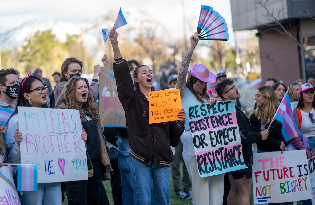 (Rick Egan | The Salt Lake Tribune) Hundreds of protesters gathered outside the University of Utah College of Social Work as commentator and author Michael Knowles gave a speech, on Monday, April 8, 2024.