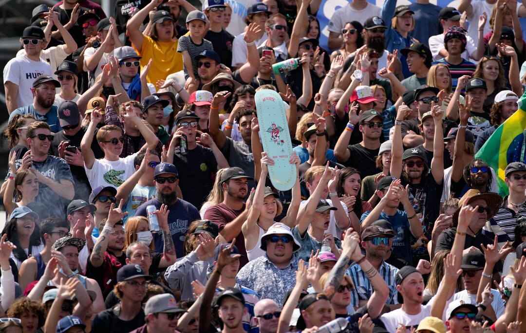 (Francisco Kjolseth | The Salt Lake Tribune) The crowd cheers on the women’s completion in Street League Skateboarding at the Utah State Fairpark in Salt Lake City on Saturday, Aug. 28, 2021. Now in its 11th year,  the sport’s premier competition series includes more of the world’s best skaters than ever before, with the tour roster featuring 47 athletes hailing from 11 countries, including 21 Olympians and multiple X Games medalists.