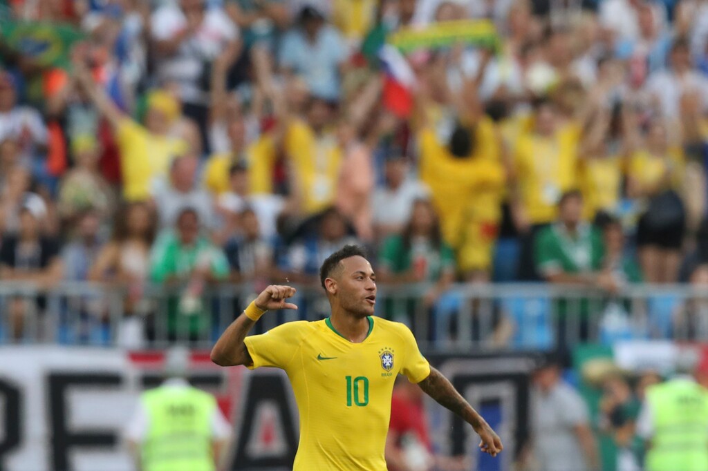 (Thanassis Stavrakis | The Associated Press) Brazil's Neymar celebrates at the end of the round of 16 match between Brazil and Mexico at the 2018 soccer World Cup in the Samara Arena, in Samara, Russia, Monday, July 2, 2018. Neymar scored once in Brazil's 2-0 victory.
