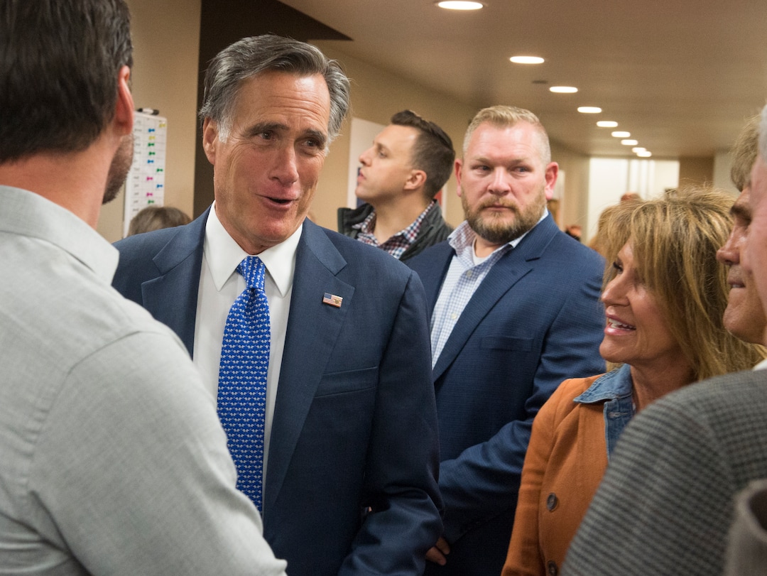 (Rick Egan  |  The Salt Lake Tribune)   Mitt Romney shakes hands with supporters at the Romney Headquarters, in Orem, as they wait for he polls to close, on election night, Tuesday, Nov. 6, 2018.