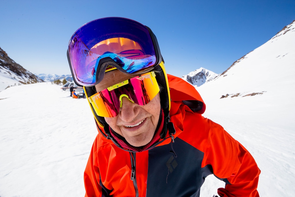 (Photo courtesy of Sam Watson | Snowbird Resort) Junior Bounous, 95, the former director of Mountain School and director of skiing at Snowbird, enjoys a heli-ski trip Monday, April 5, 2021, in the backcountry near Snowbird. With the expedition, Bounous is believed to have become the oldest person to helicopter ski.