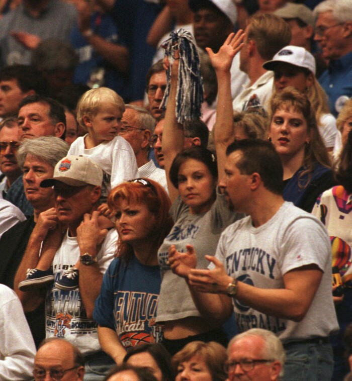 (Steve Griffin  |  Tribune file photo)  Wynonna and Ashley Judd cheer during the Kentucky victory over Stanford in the 1998 Final Four in San Antonio, Texas.