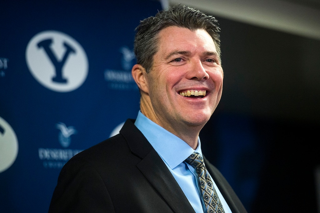 (Chris Detrick  |  The Salt Lake Tribune)  BYU offensive coordinator Jeff Grimes speaks during a press conference at LaVell Edwards Stadium Saturday, December 16, 2017.  