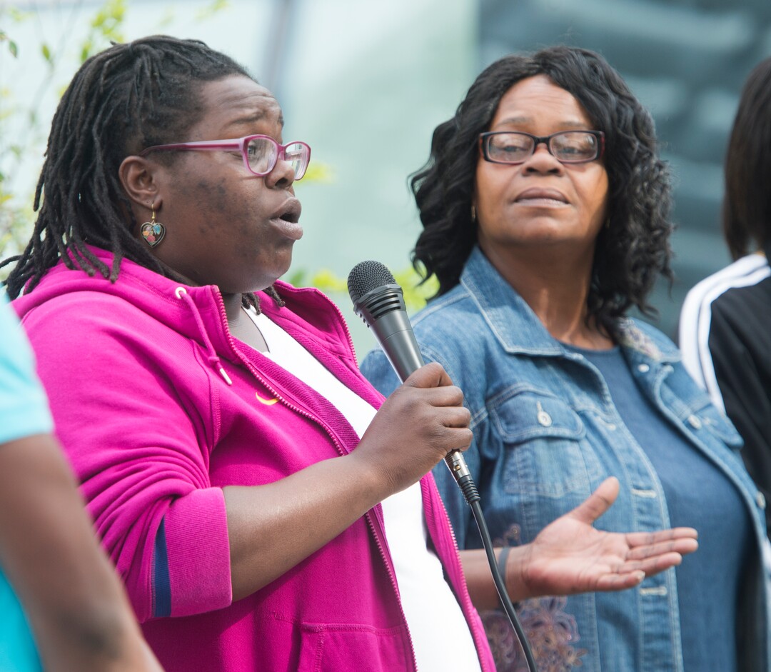 (Rick Egan  |  The Salt Lake Tribune)  Michelle Shaw, a niece of Patrick Harmon, talks about her uncle, at the Black Lives Matterprotest against police brutality. The protesters are calling for the release of body camera footage of an officer fatally shooting 50-year-old Patrick Harmon at the Salt Lake City Public Safety Building, Saturday, September 30, 2017.
