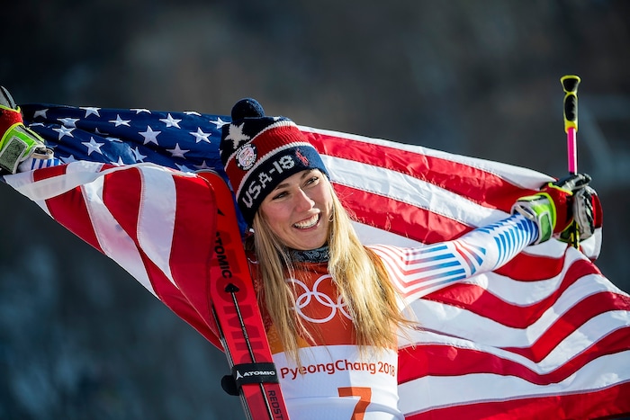 (Chris Detrick  |  The Salt Lake Tribune)  USA's Mikaela Shiffrin celebrates after winning gold in the Ladies' Giant Slalom at Yongpyong Alpine Centre during the Pyeongchang 2018 Winter Olympics Thursday, Feb. 15, 2018.  Shiffrin won the event with a time of 2:20.02.
