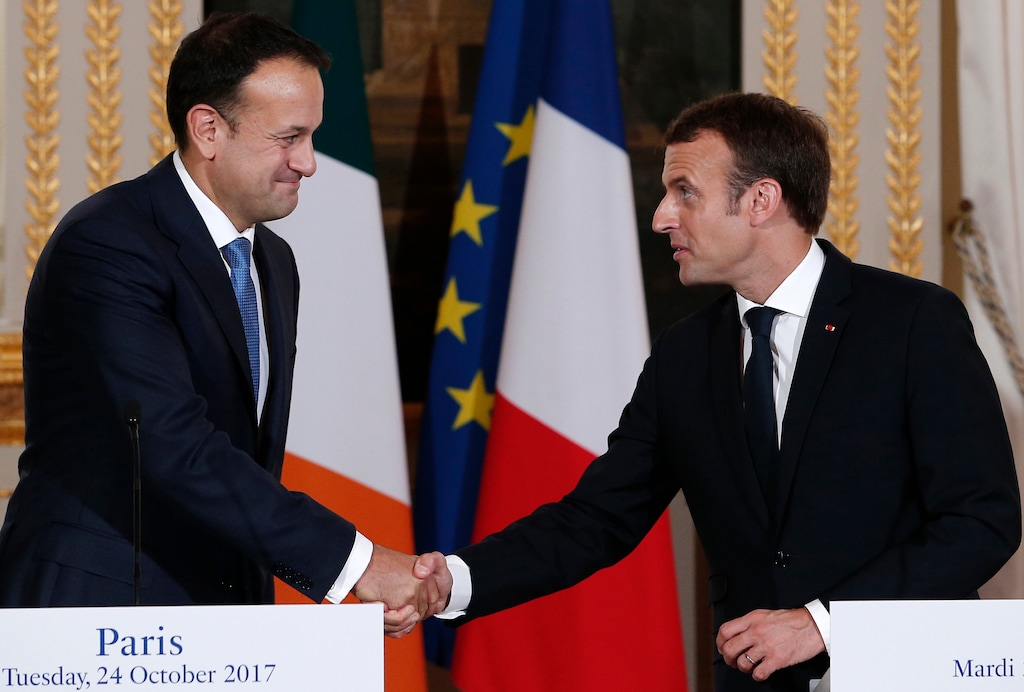 French President Emmanuel Macron, right, shakes hands with Irish Prime Minister Leo Varadkar after a press conference at the Elysee Palace in Paris, Tuesday Oct. 24, 2017. Varadkar meets Macron as both their countries prepare for Britain's exit from the EU, and as Macron fights against Ireland's tax breaks for Internet giants like Apple. (AP Photo/Kamil Zihnioglu, Pool)